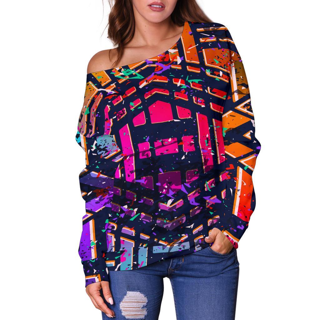 Ethnic Aztec Grunge Trippy Print Off Shoulder Sweatshirt GearFrost