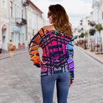 Ethnic Aztec Grunge Trippy Print Off Shoulder Sweatshirt GearFrost