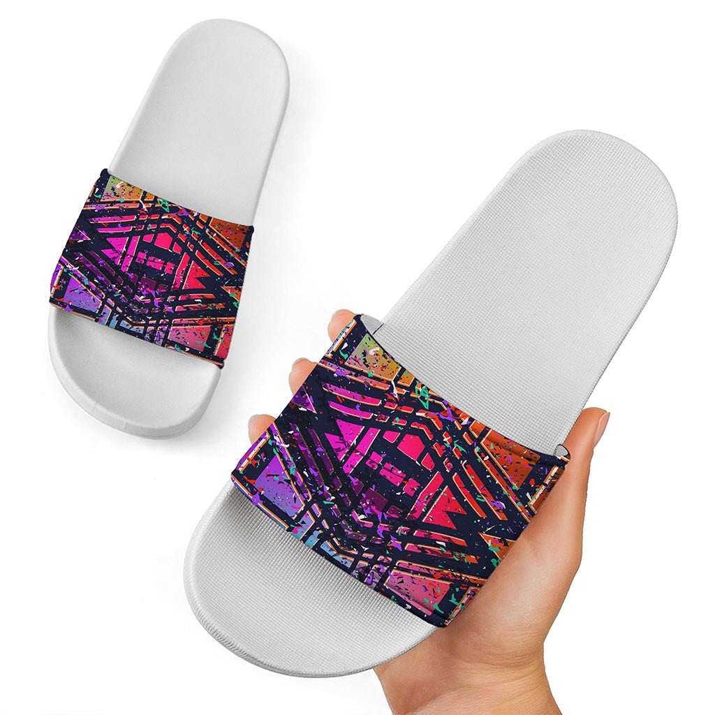 Ethnic Aztec Grunge Trippy Print White Slide Sandals