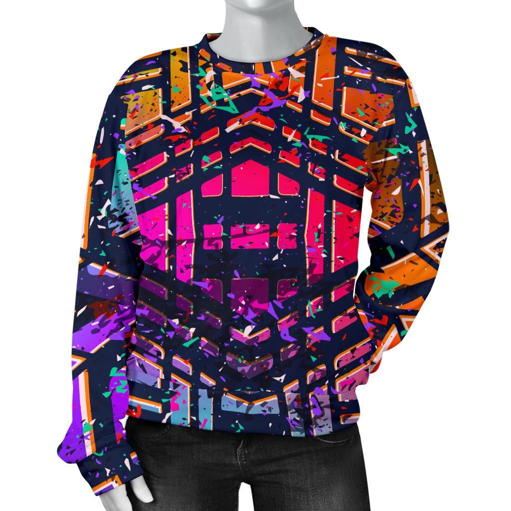 Ethnic Aztec Grunge Trippy Print Women's Crewneck Sweatshirt GearFrost