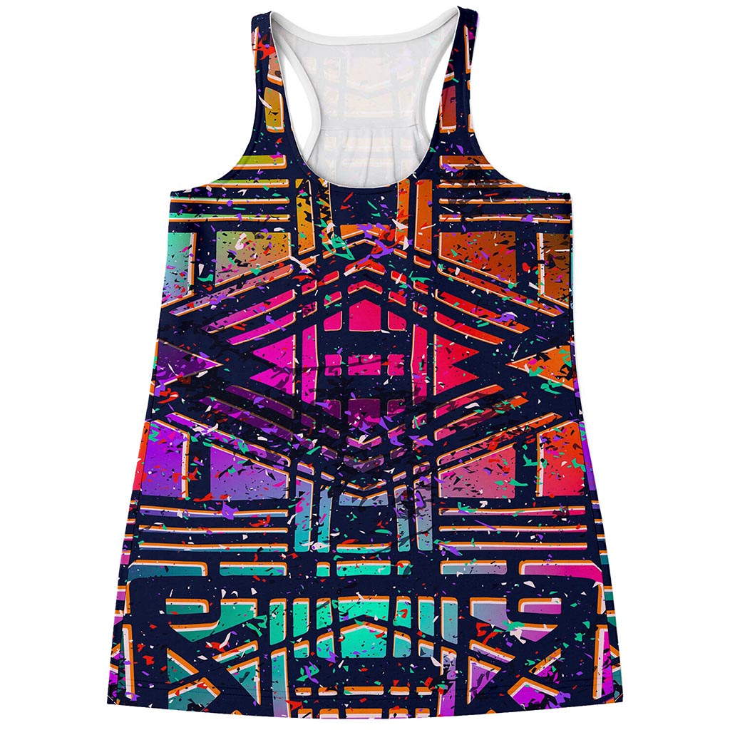 Ethnic Aztec Grunge Trippy Print Women's Racerback Tank Top