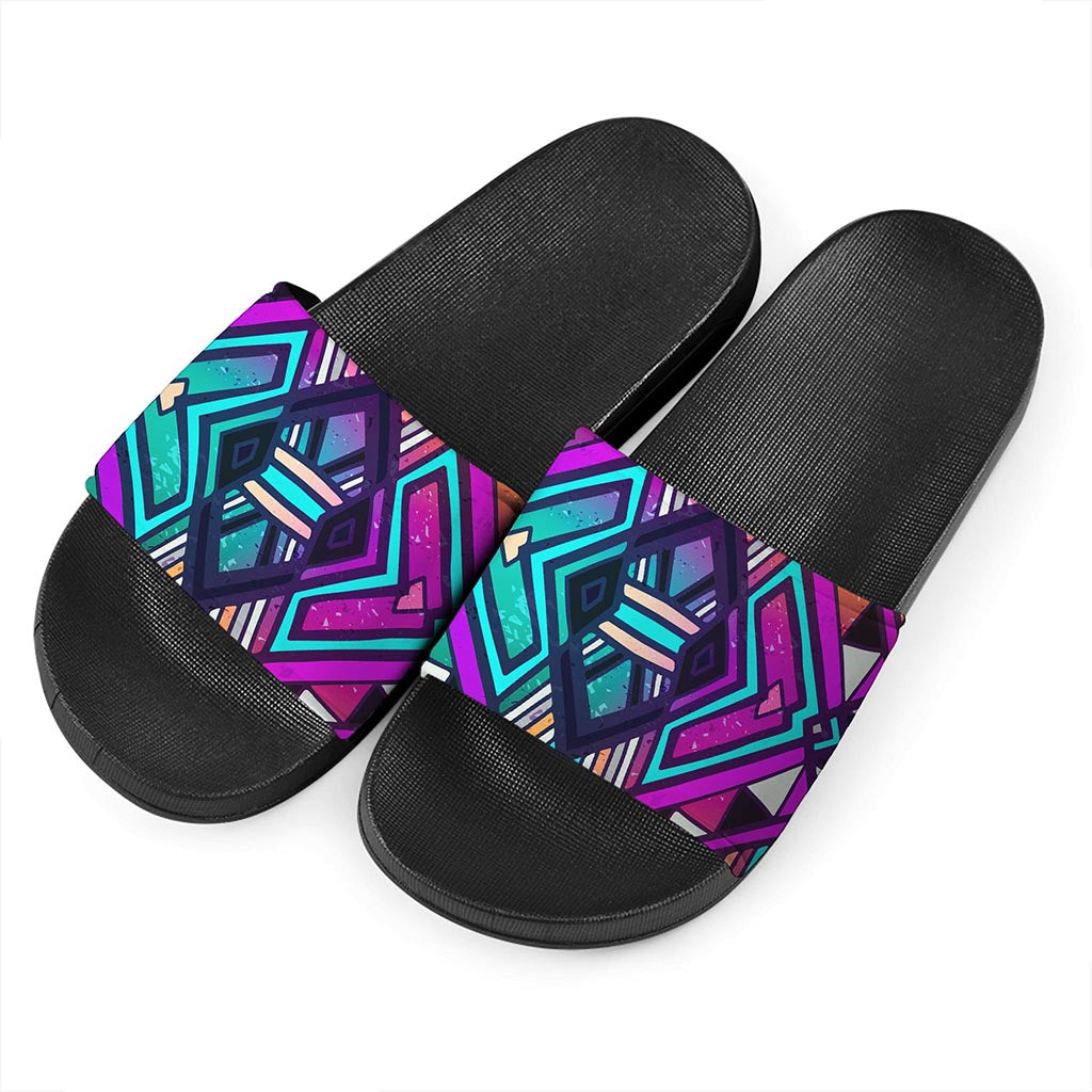 Ethnic Aztec Trippy Print Black Slide Sandals