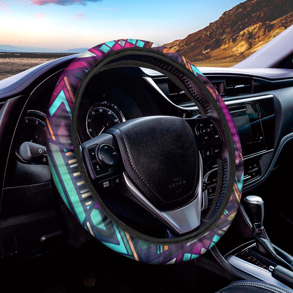 Ethnic Aztec Trippy Print Car Steering Wheel Cover