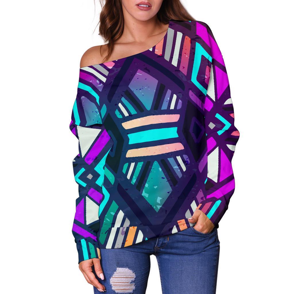 Ethnic Aztec Trippy Print Off Shoulder Sweatshirt GearFrost