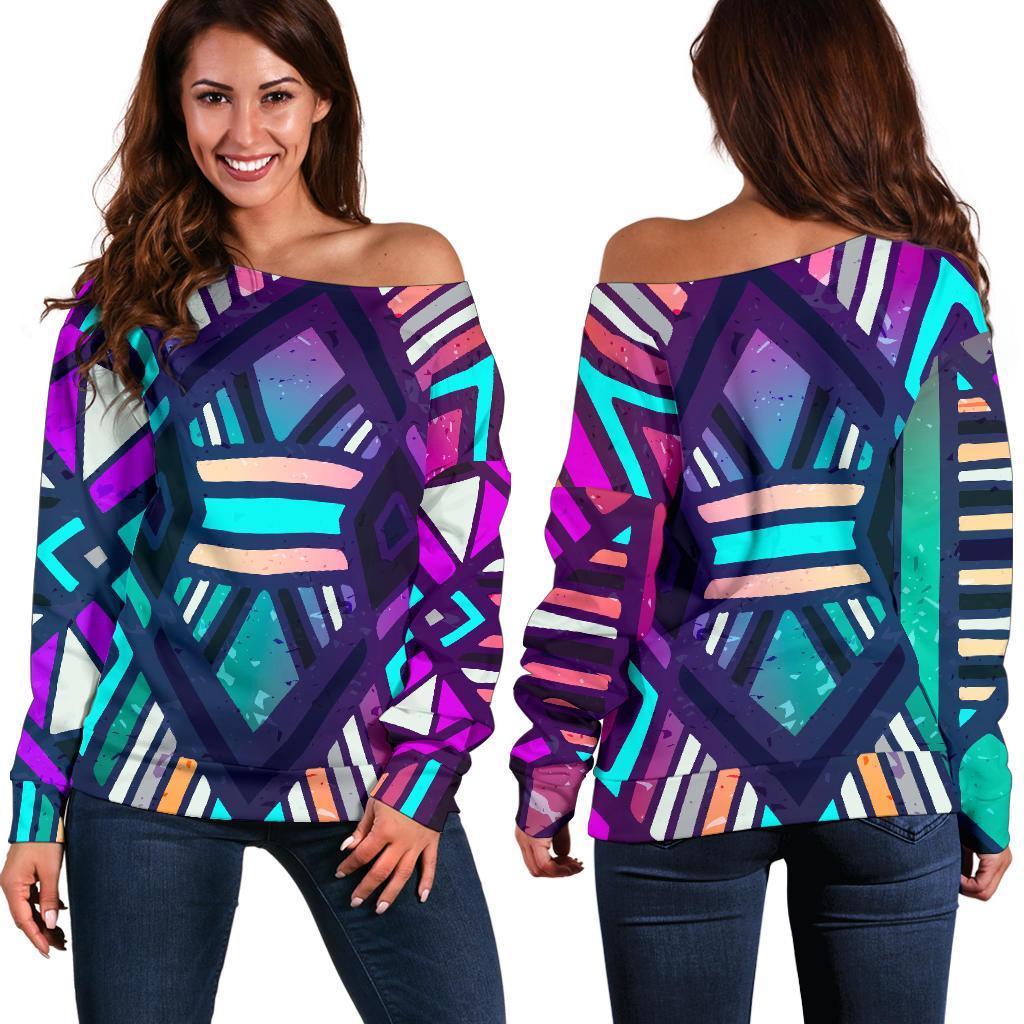 Ethnic Aztec Trippy Print Off Shoulder Sweatshirt GearFrost