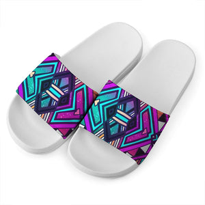 Ethnic Aztec Trippy Print White Slide Sandals