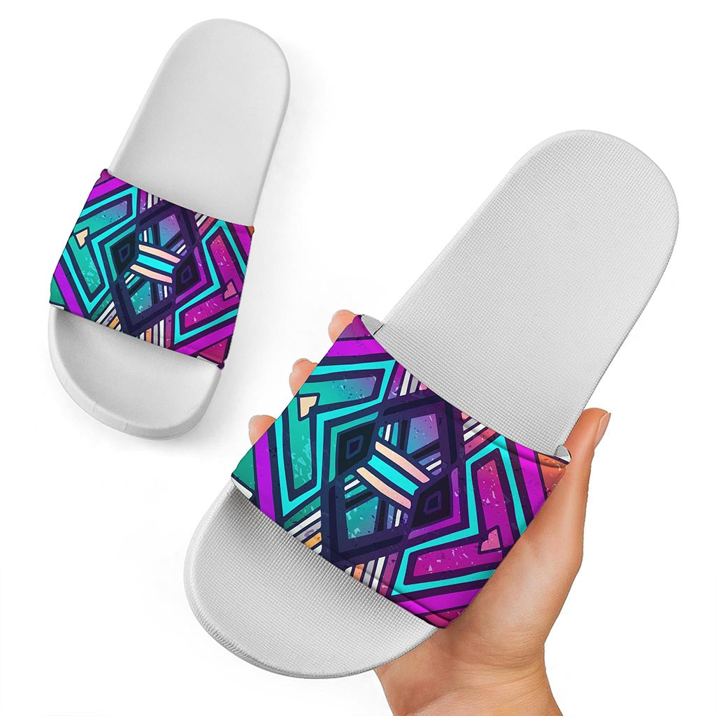 Ethnic Aztec Trippy Print White Slide Sandals