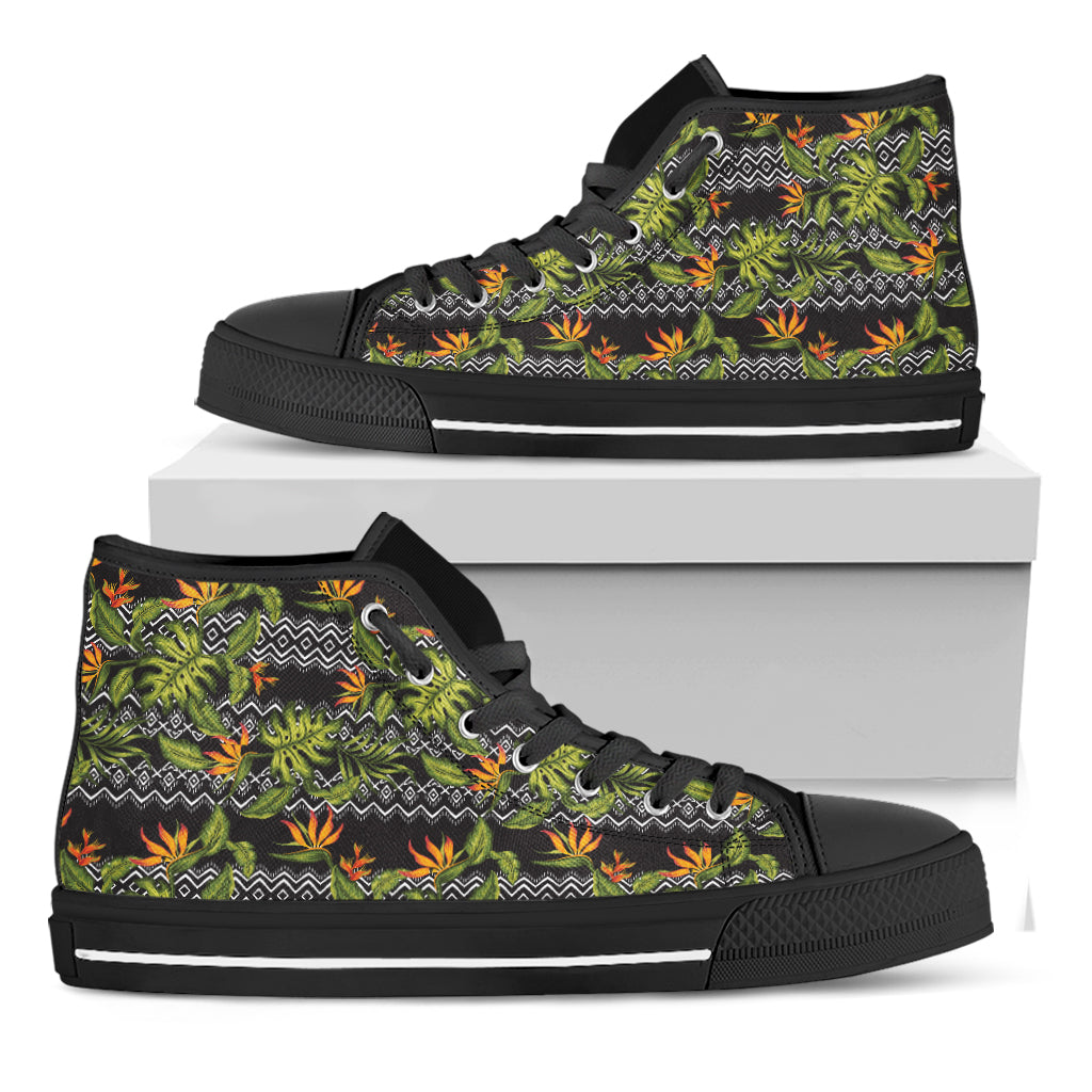 Ethnic Bird Of Paradise Pattern Print Black High Top Shoes