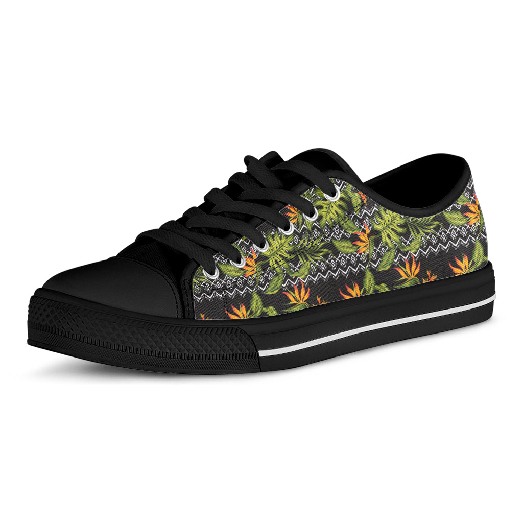 Ethnic Bird Of Paradise Pattern Print Black Low Top Shoes