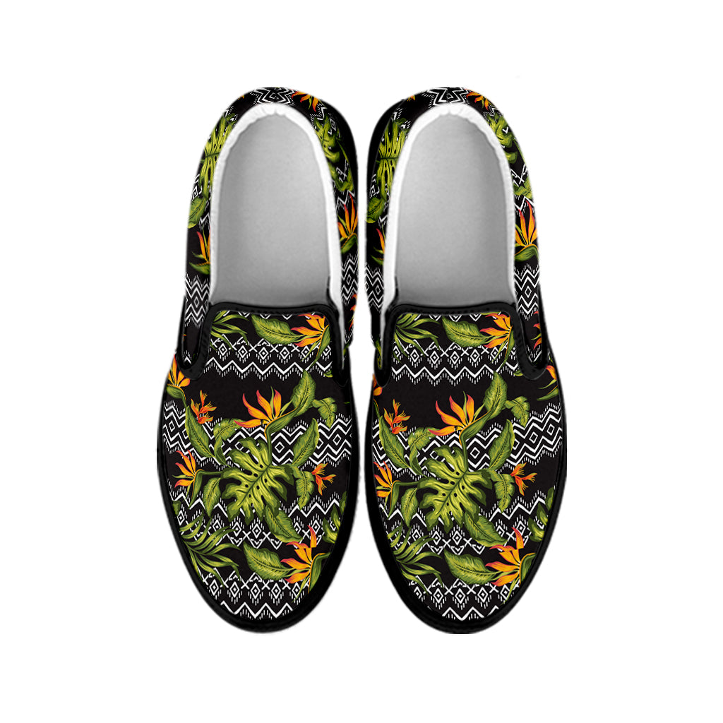 Ethnic Bird Of Paradise Pattern Print Black Slip On Shoes