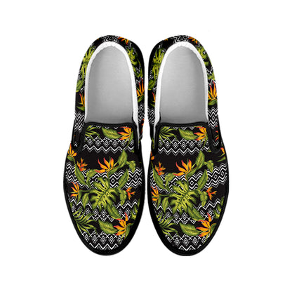 Ethnic Bird Of Paradise Pattern Print Black Slip On Shoes