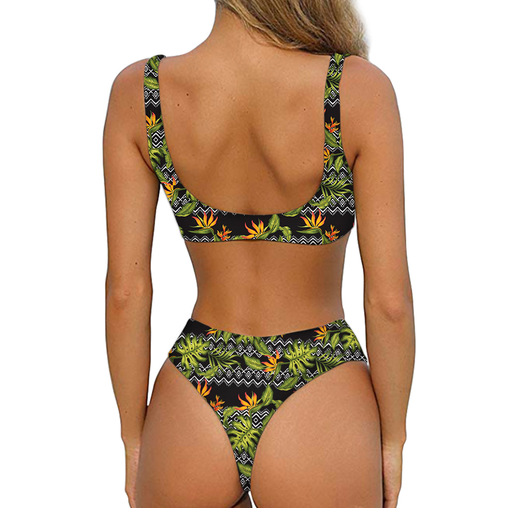 Ethnic Bird Of Paradise Pattern Print Front Bow Tie Bikini