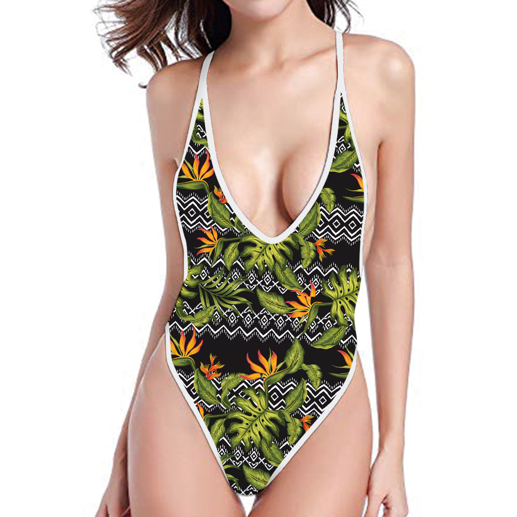 Ethnic Bird Of Paradise Pattern Print One Piece High Cut Swimsuit