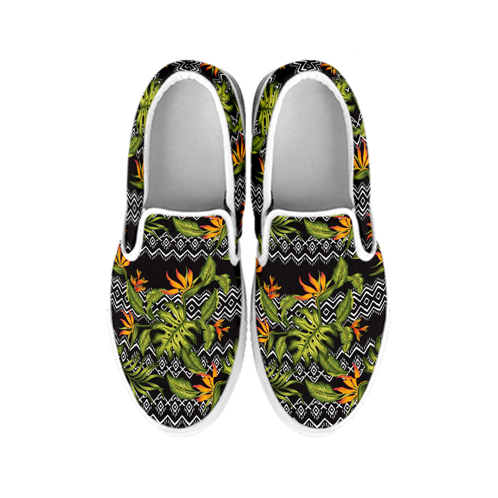 Ethnic Bird Of Paradise Pattern Print White Slip On Shoes