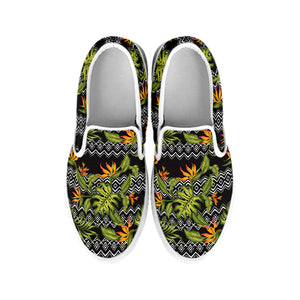 Ethnic Bird Of Paradise Pattern Print White Slip On Shoes