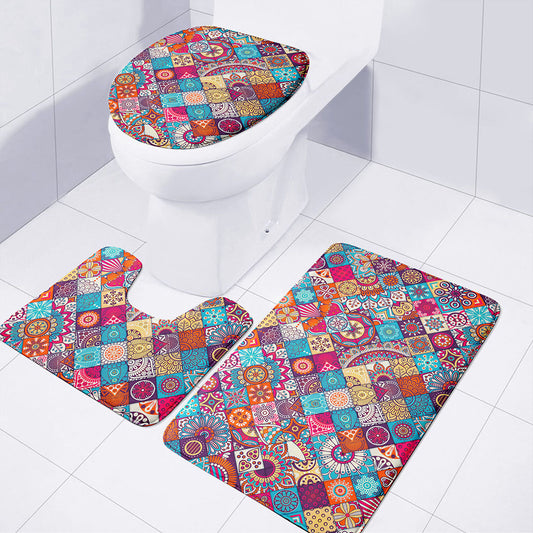 Ethnic Bohemian Mandala Pattern Print 3 Piece Bath Mat Set