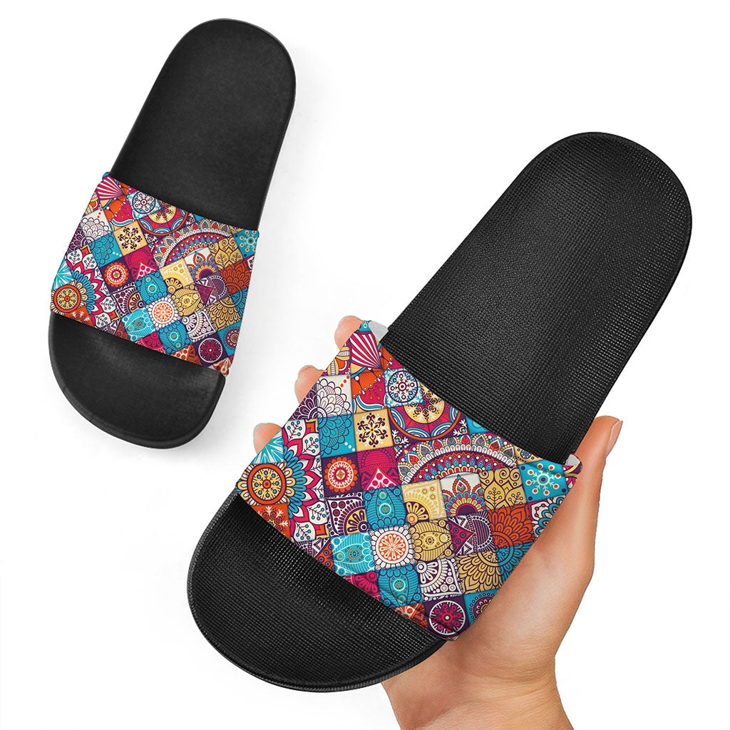 Ethnic Bohemian Mandala Pattern Print Black Slide Sandals