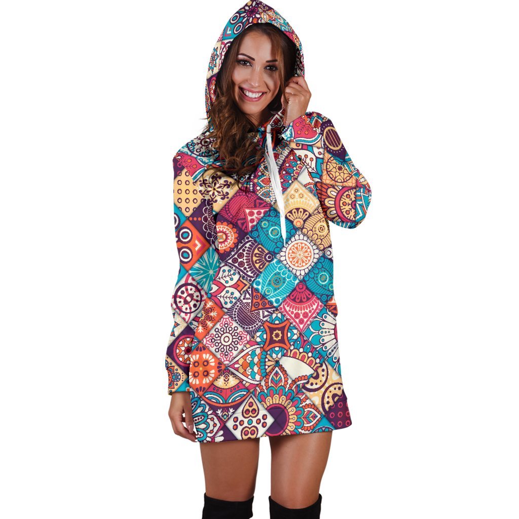 Ethnic Bohemian Mandala Pattern Print Hoodie Dress GearFrost