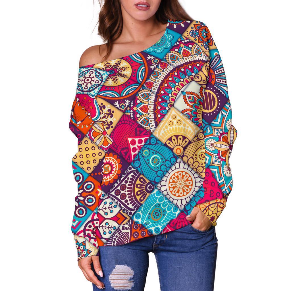 Ethnic Bohemian Mandala Pattern Print Off Shoulder Sweatshirt GearFrost