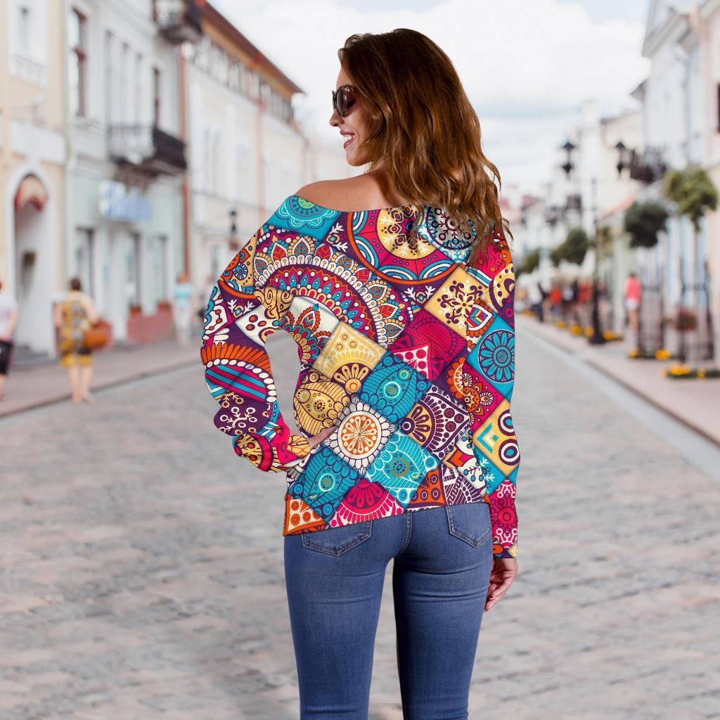 Ethnic Bohemian Mandala Pattern Print Off Shoulder Sweatshirt GearFrost