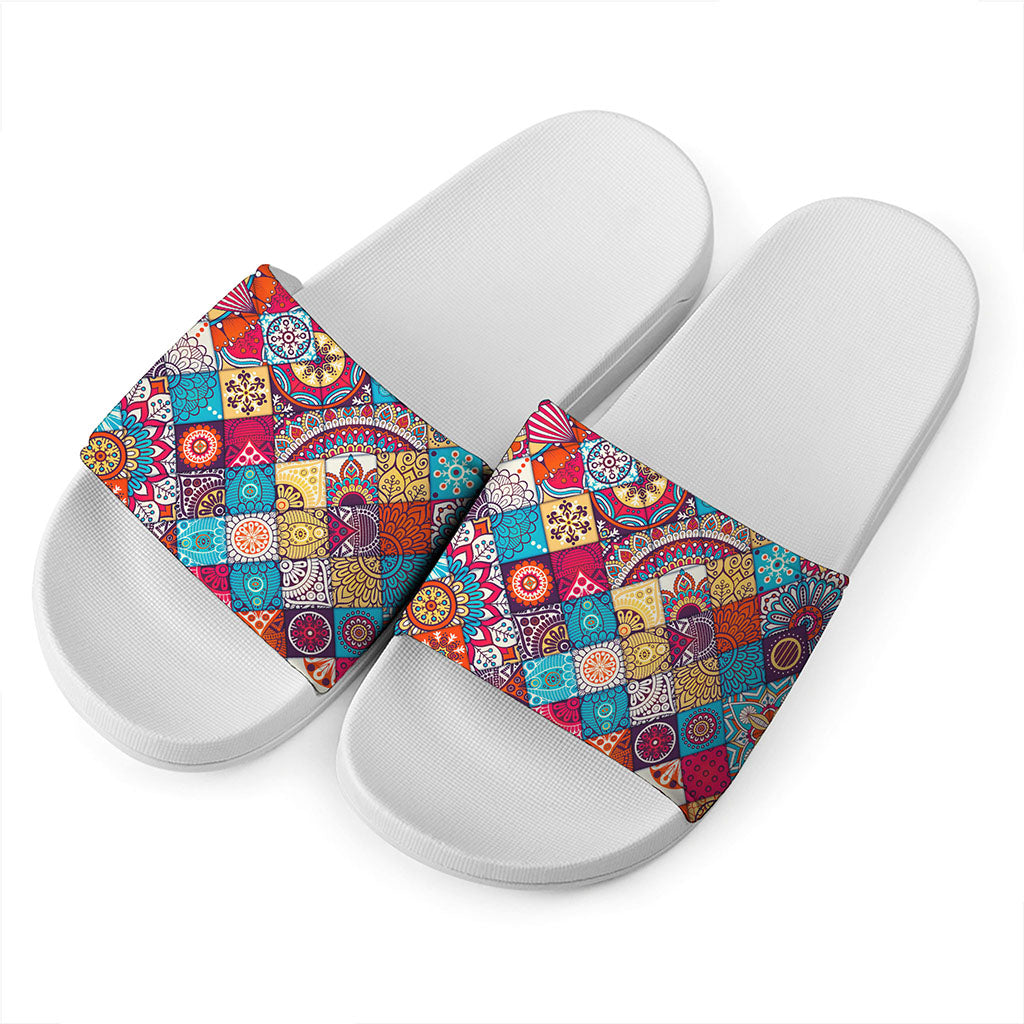 Ethnic Bohemian Mandala Pattern Print White Slide Sandals