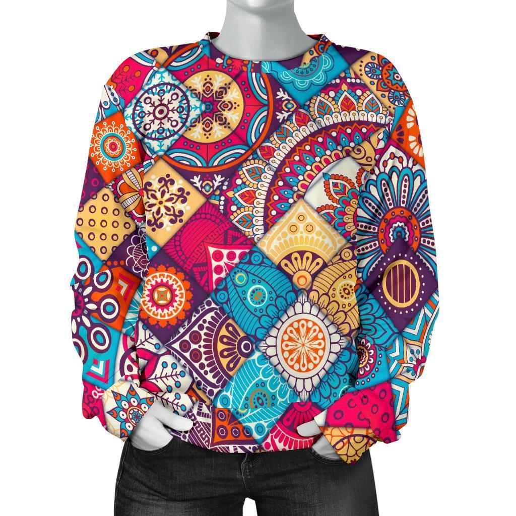 Ethnic Bohemian Mandala Pattern Print Women's Crewneck Sweatshirt GearFrost