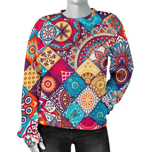 Ethnic Bohemian Mandala Pattern Print Women's Crewneck Sweatshirt GearFrost