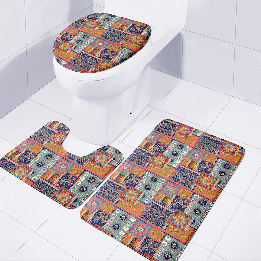 Ethnic Floral Patchwork Pattern Print 3 Piece Bath Mat Set