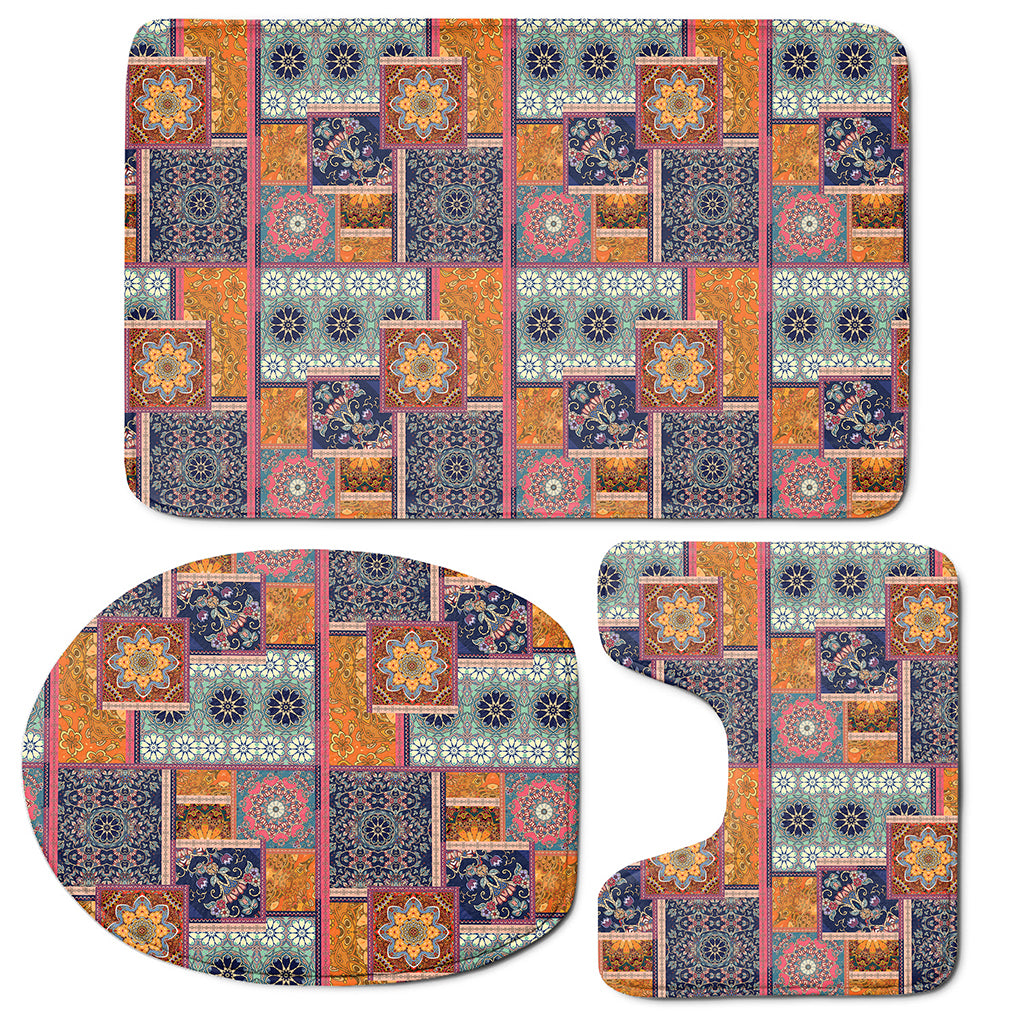 Ethnic Floral Patchwork Pattern Print 3 Piece Bath Mat Set