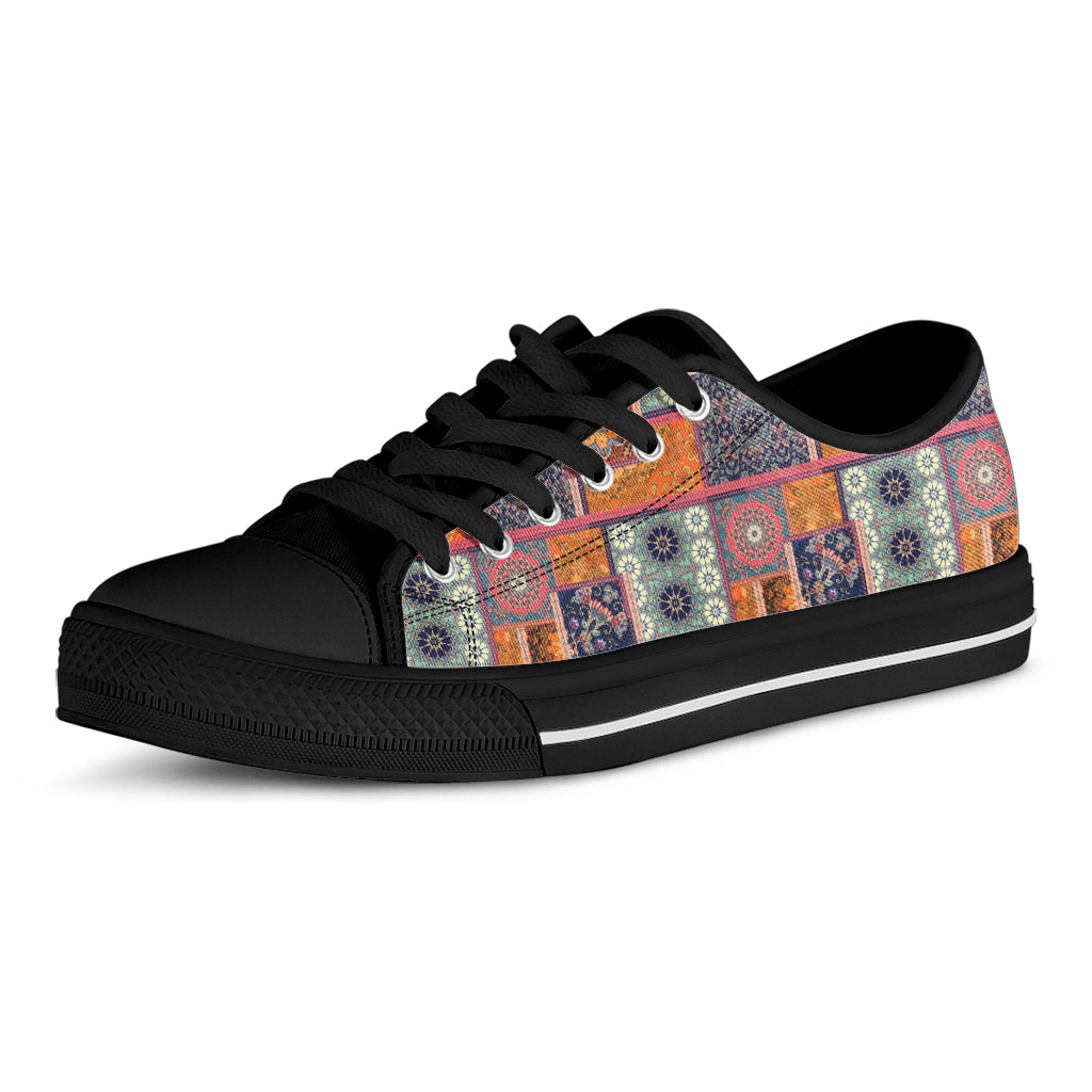 Ethnic Floral Patchwork Pattern Print Black Low Top Shoes