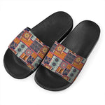 Ethnic Floral Patchwork Pattern Print Black Slide Sandals