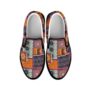 Ethnic Floral Patchwork Pattern Print Black Slip On Shoes