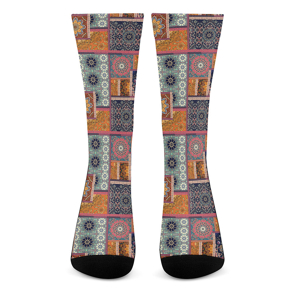 Ethnic Floral Patchwork Pattern Print Crew Socks