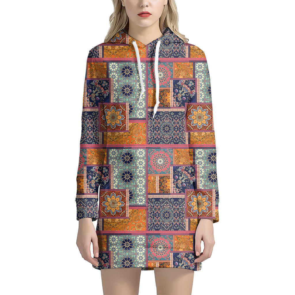 Ethnic Floral Patchwork Pattern Print Hoodie Dress