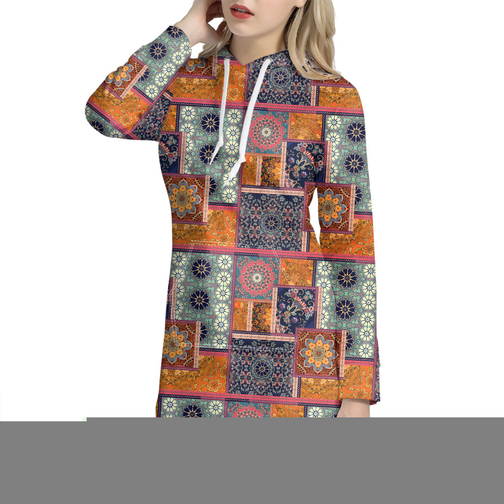 Ethnic Floral Patchwork Pattern Print Hoodie Dress