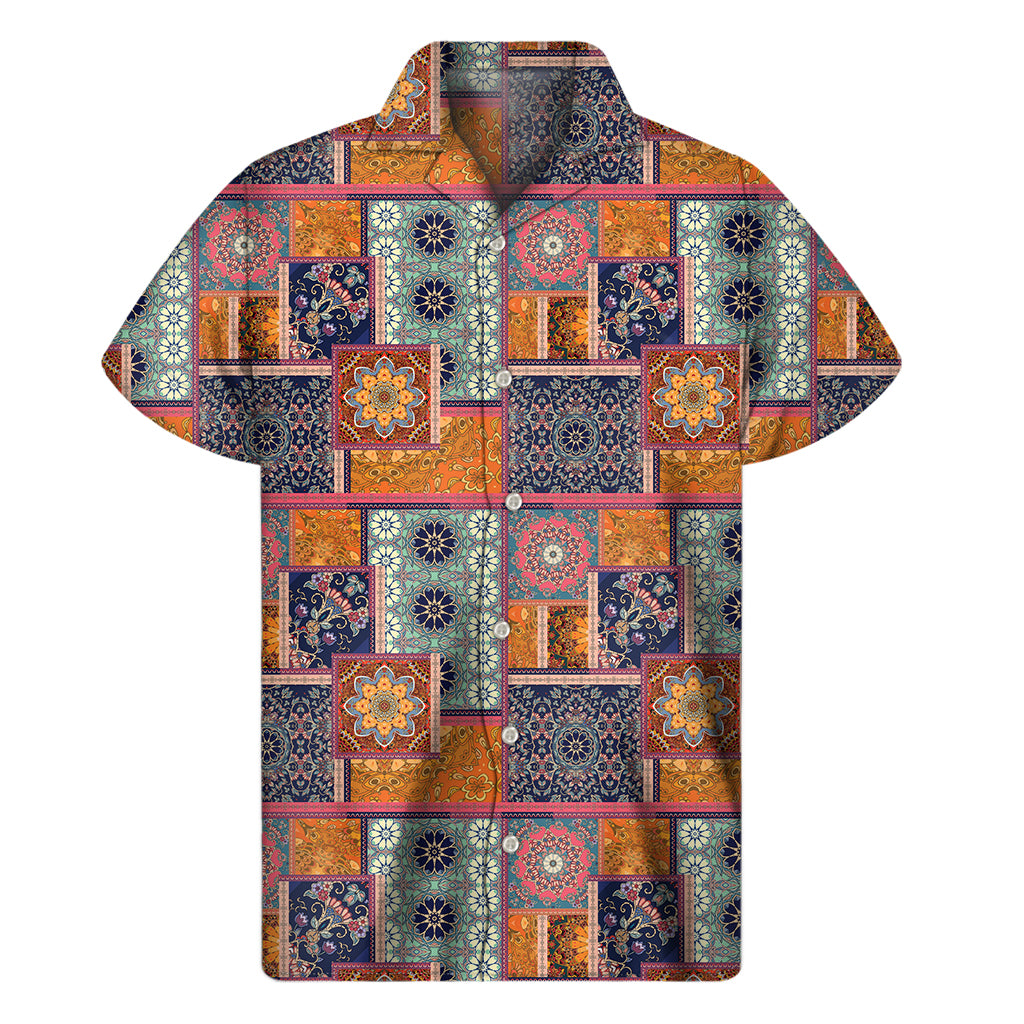 Ethnic Floral Patchwork Pattern Print Men's Short Sleeve Shirt