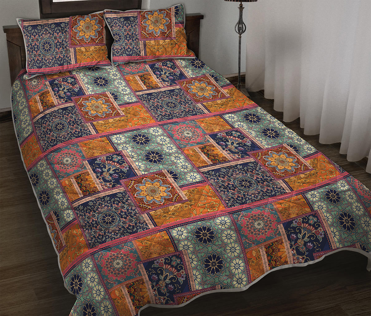 Ethnic Floral Patchwork Pattern Print Quilt Bed Set