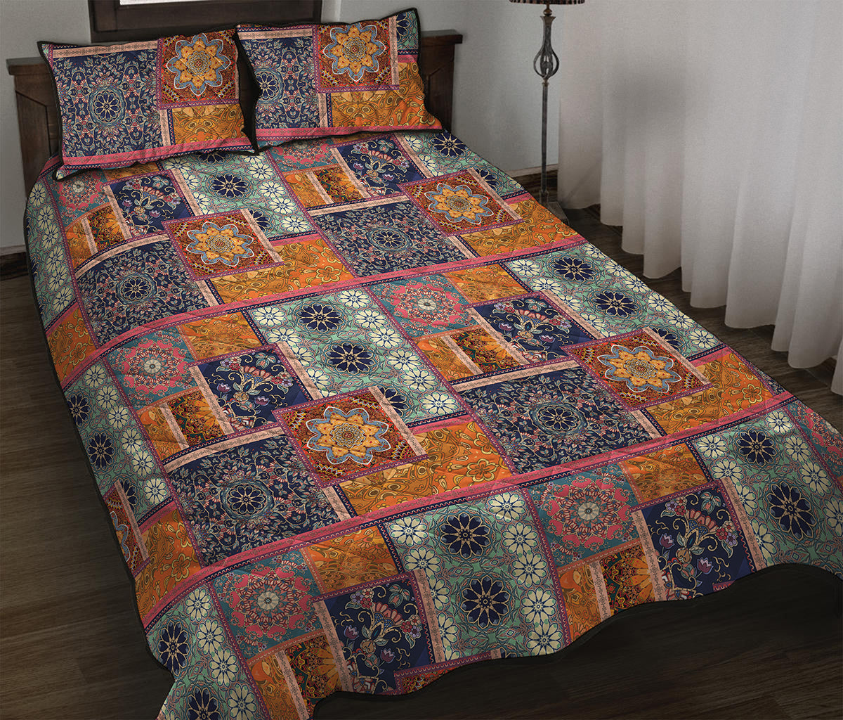 Ethnic Floral Patchwork Pattern Print Quilt Bed Set