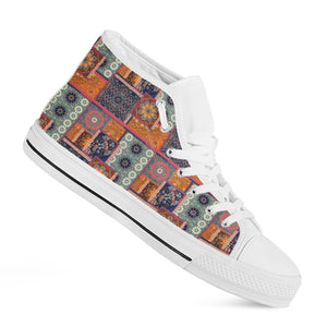 Ethnic Floral Patchwork Pattern Print White High Top Shoes