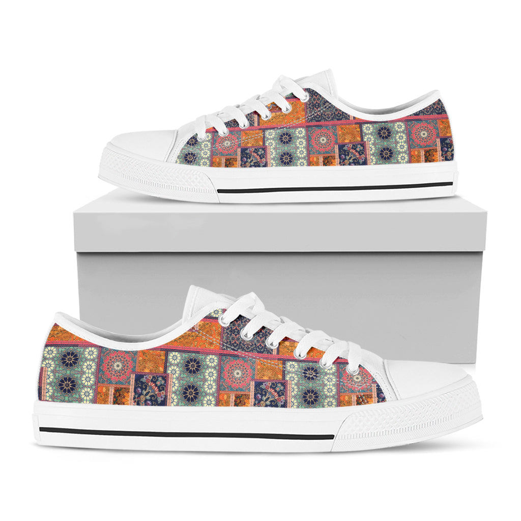 Ethnic Floral Patchwork Pattern Print White Low Top Shoes