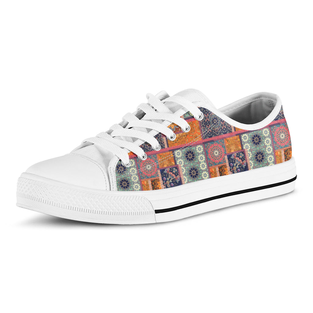 Ethnic Floral Patchwork Pattern Print White Low Top Shoes