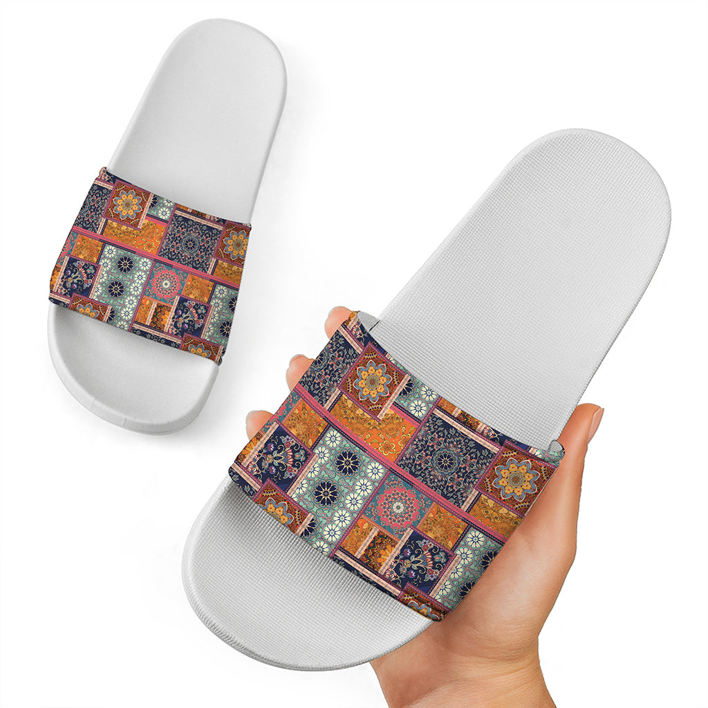 Ethnic Floral Patchwork Pattern Print White Slide Sandals