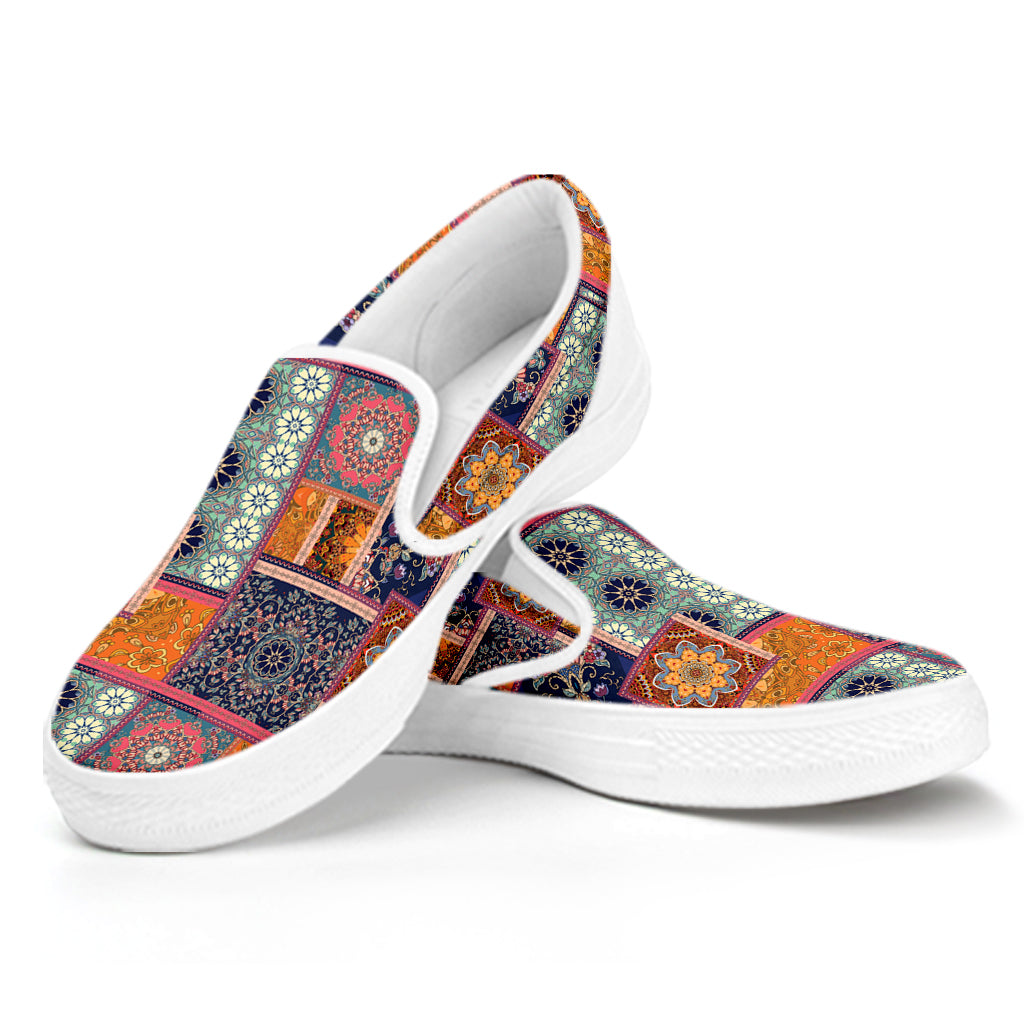 Ethnic Floral Patchwork Pattern Print White Slip On Shoes