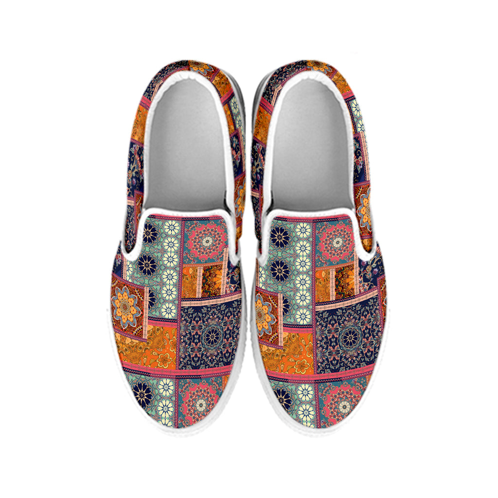 Ethnic Floral Patchwork Pattern Print White Slip On Shoes