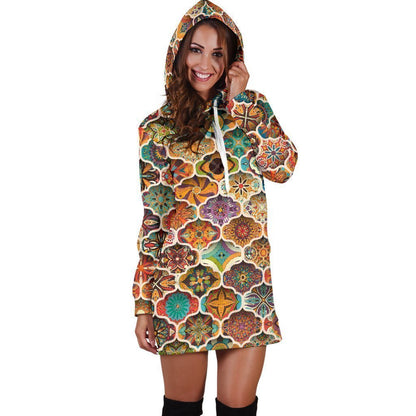 Ethnic Mandala Bohemian Pattern Print Hoodie Dress GearFrost