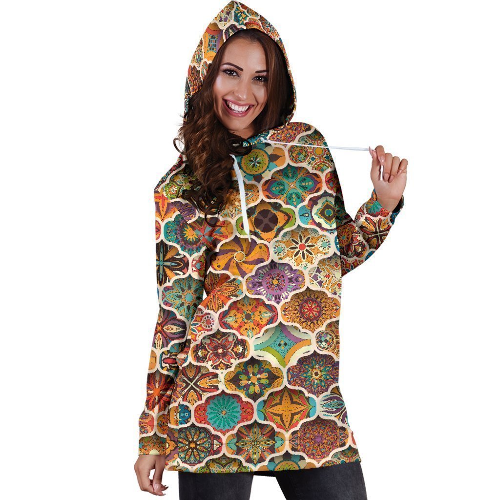 Ethnic Mandala Bohemian Pattern Print Hoodie Dress GearFrost
