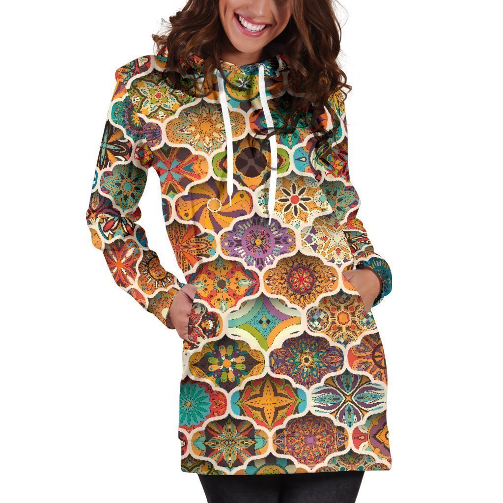 Ethnic Mandala Bohemian Pattern Print Hoodie Dress GearFrost