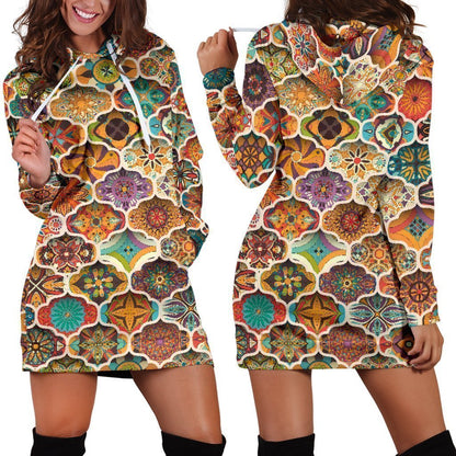 Ethnic Mandala Bohemian Pattern Print Hoodie Dress GearFrost