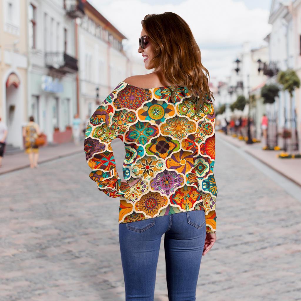 Ethnic Mandala Bohemian Pattern Print Off Shoulder Sweatshirt GearFrost