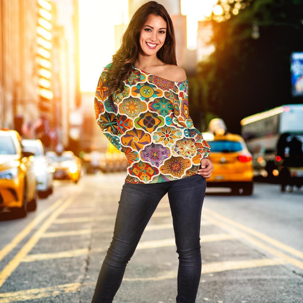 Ethnic Mandala Bohemian Pattern Print Off Shoulder Sweatshirt GearFrost